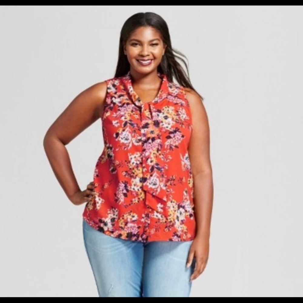 A New Day Floral Neck Tie Blouse Womens Plus 1X NWT